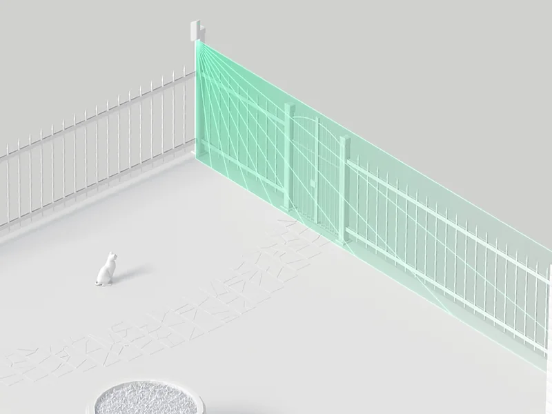 Ajax outdoor detector coverage across a boundary fence and gate, ignoring a pet in the yard